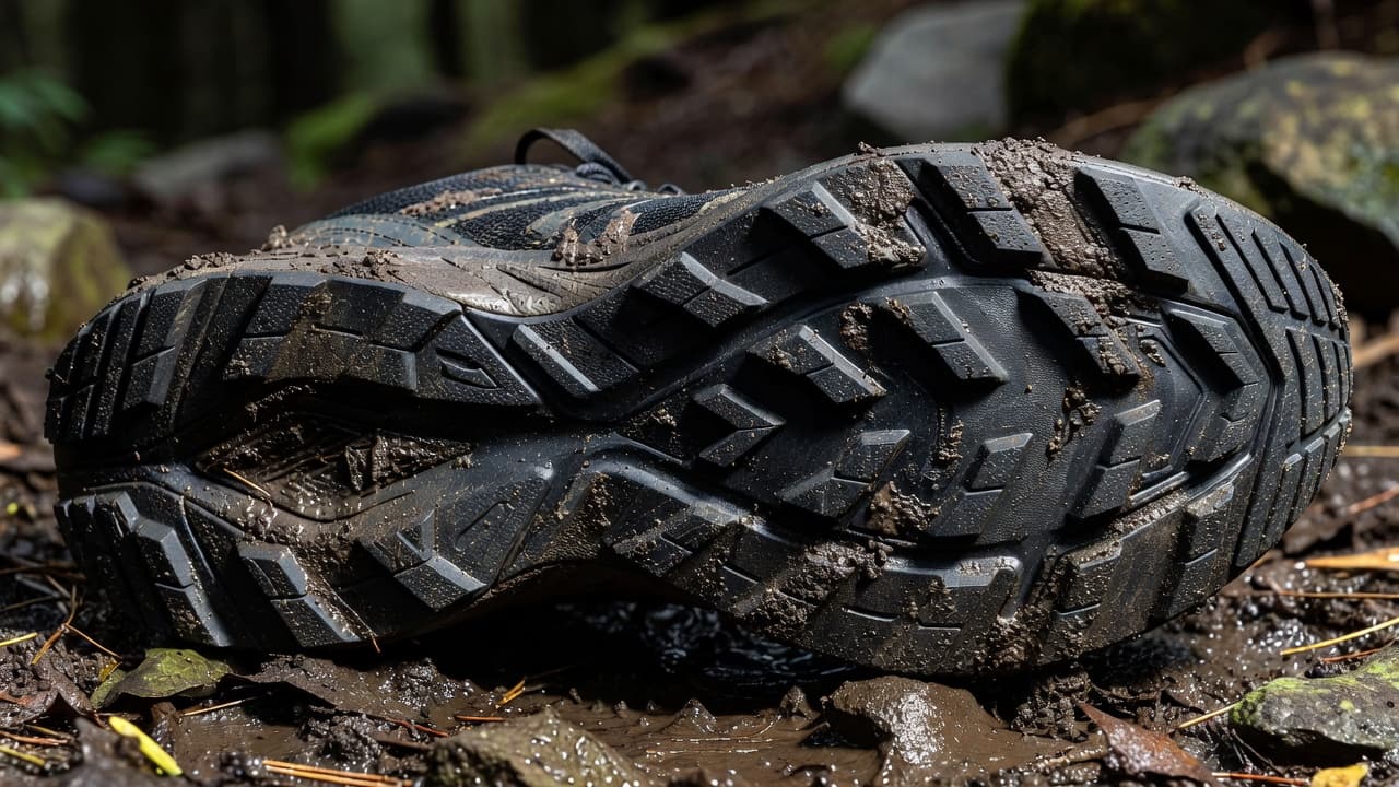A close-up view displays the rugged rubber outsole of a trail running shoe covered in damp brown earth. Deep multi-directional lugs are packed with mud to provide superior outdoor traction.