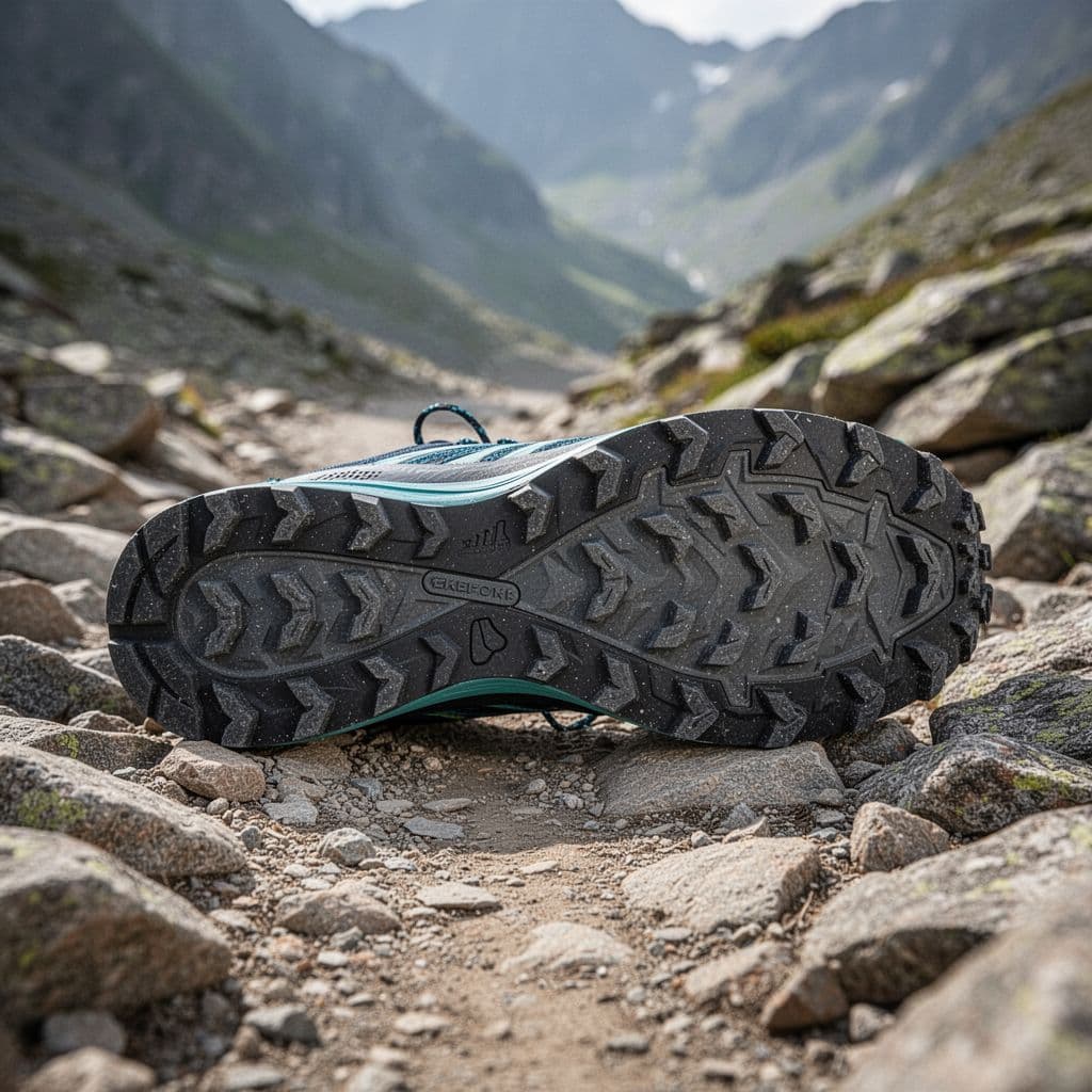 The rugged rubber outsole of a trail running shoe rests on a jagged mountain path. Deep, aggressive lugs grip the uneven rocky surface while soft natural light illuminates the textured grip.