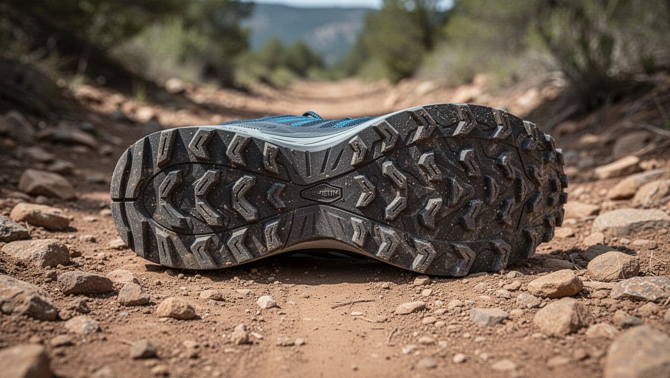 A close-up view captures the rugged rubber tread of a trail running shoe firmly pressed against uneven rocky soil. Sharp lug patterns grip the grit, highlighting specialized traction for outdoor surfaces.
