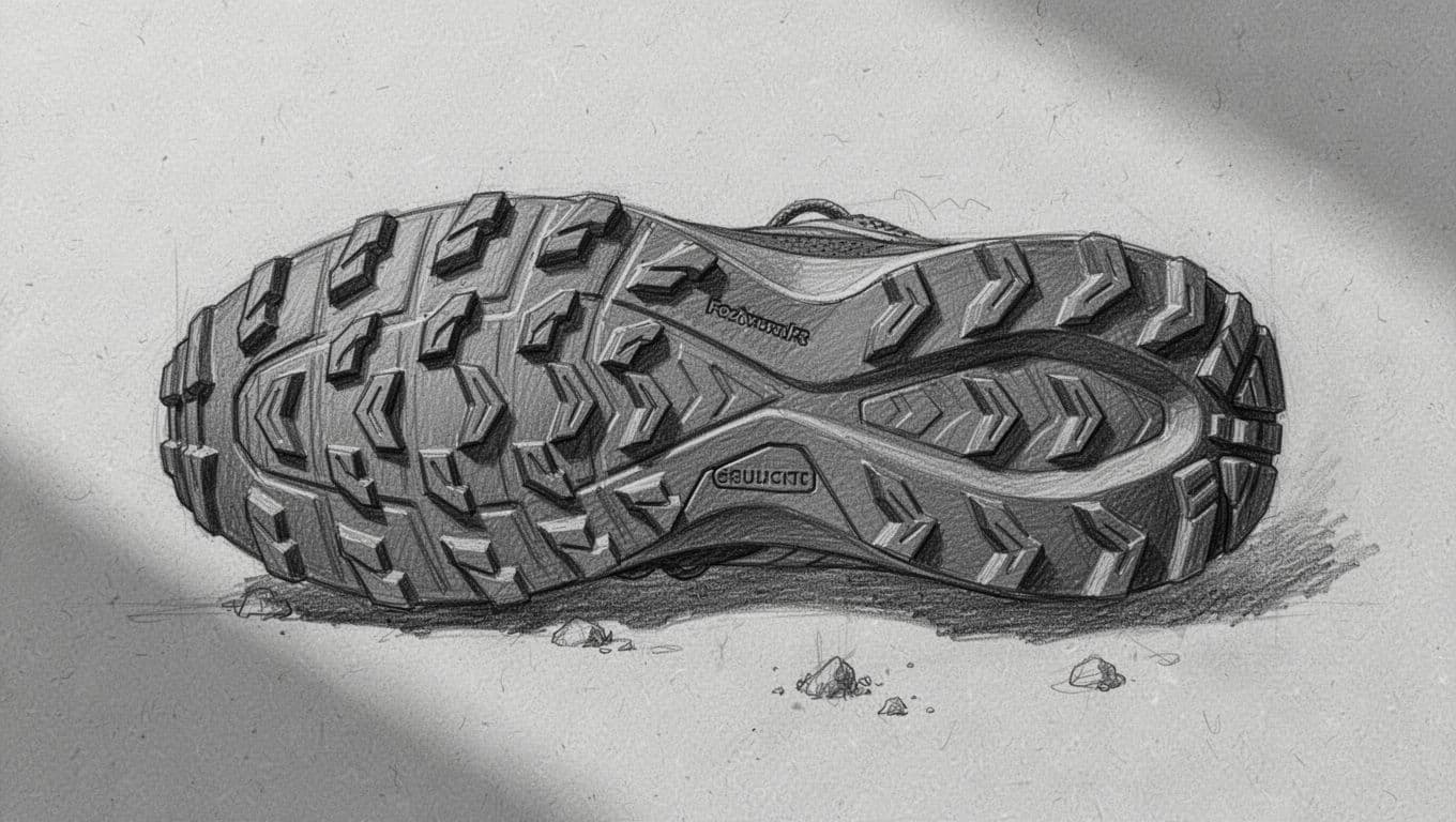 A detailed graphite sketch displays a textured trail shoe outsole on light gray paper. The design highlights various lug patterns and deep grooves specifically engineered for superior mud clearance and surface traction.