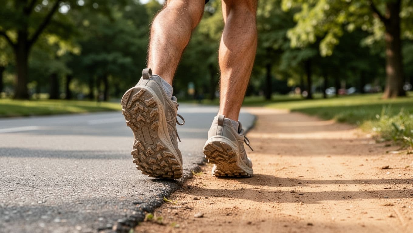 A runner stands at the intersection of a gray asphalt road and a sandy dirt trail. The detailed footwear displays a rugged, high-grip outsole designed for navigating these mixed terrain surfaces.