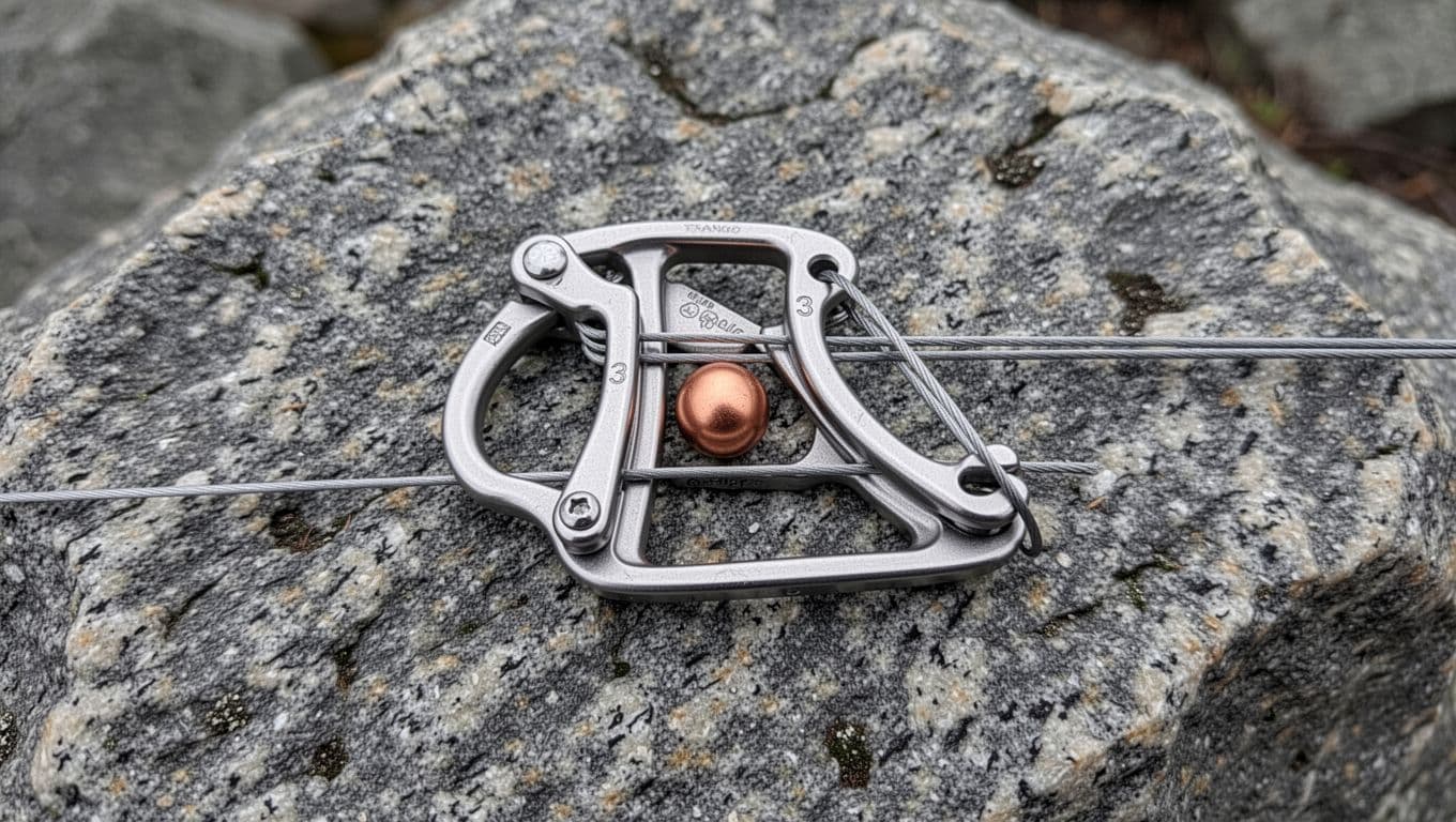 Close-up detailed realistic photo of clean Trango Ball Nut size #3 on rough gray granite slab, with trigger fully pulled back revealing smooth action, straight wires, and round copper ball midway on ramp. Natural overcast light, top-down composition with no grit, damage, hands, people, or watermarks.