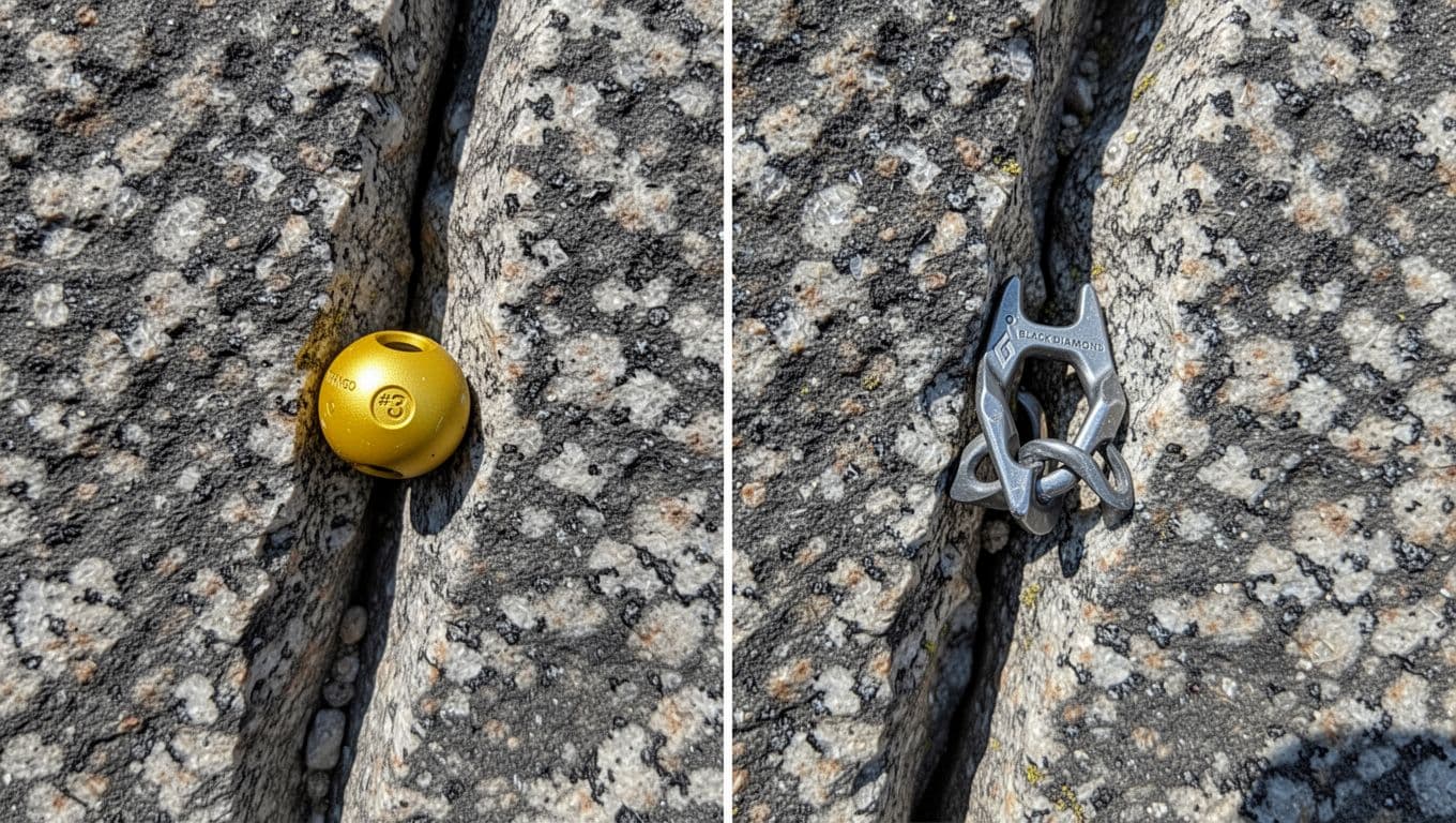 Realistic side-by-side comparison on rough granite: yellow Trango Ball Nut size #3 in shallow narrow seam versus Black Diamond RP #0 micro cam in deeper crack, top-down natural sunlight view showing stability differences.