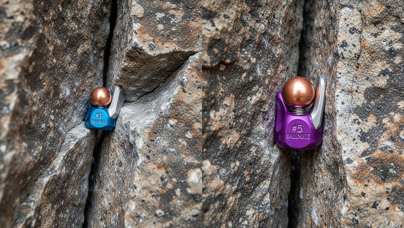 Split composition illustrating two common Trango BallNutz sizing errors in granite climbing cracks: small blue #1 precariously placed on a sharp flaring edge (left) and large purple #5 loosely fitted in wide parallel walls (right). Realistic outdoor photo style with sharp focus on gear-rock contact.