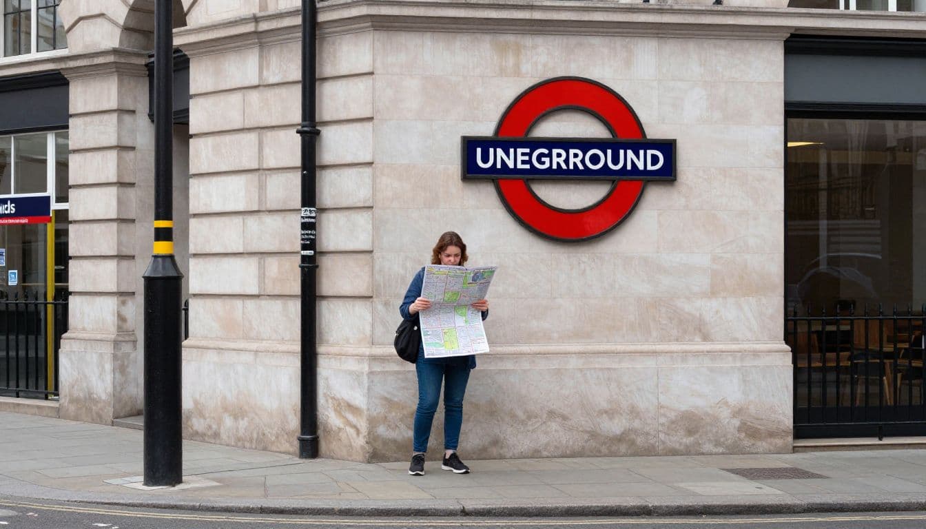 A traveler stands on a sidewalk holding a large paper map near a vibrant red London Underground sign. The urban street scene captures a moment of planning near the subway entrance.