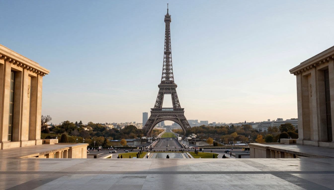 Empty Trocadéro plaza facing the Eiffel Tower in soft morning light.