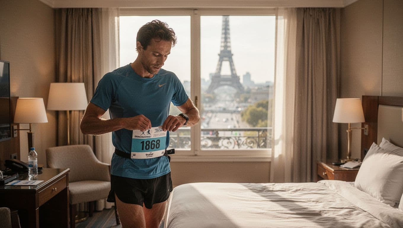 Runner holding a marathon bib and transit pass in a sunny Paris hotel room.