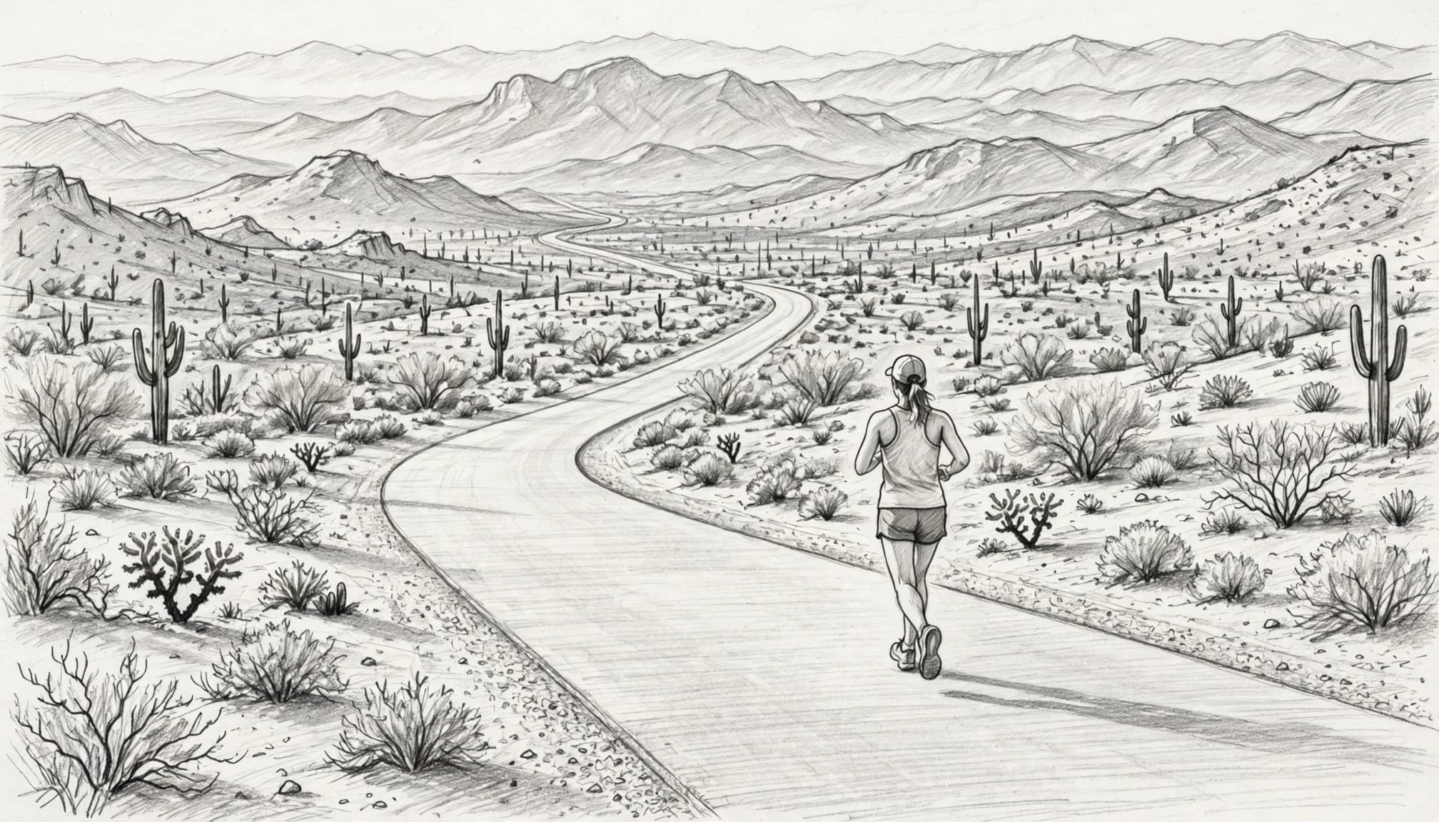 A lone runner follows a desert road toward distant Tucson mountains.