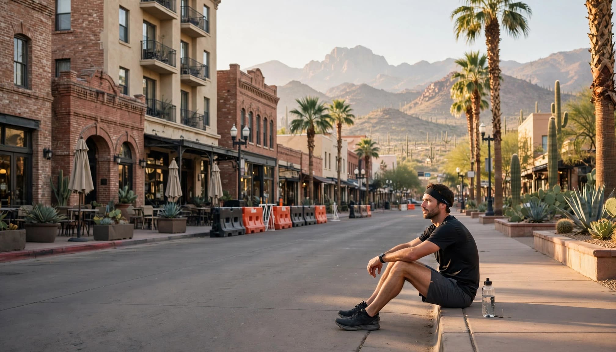 A runner rests beside race barriers with a water bottle in downtown Tucson.