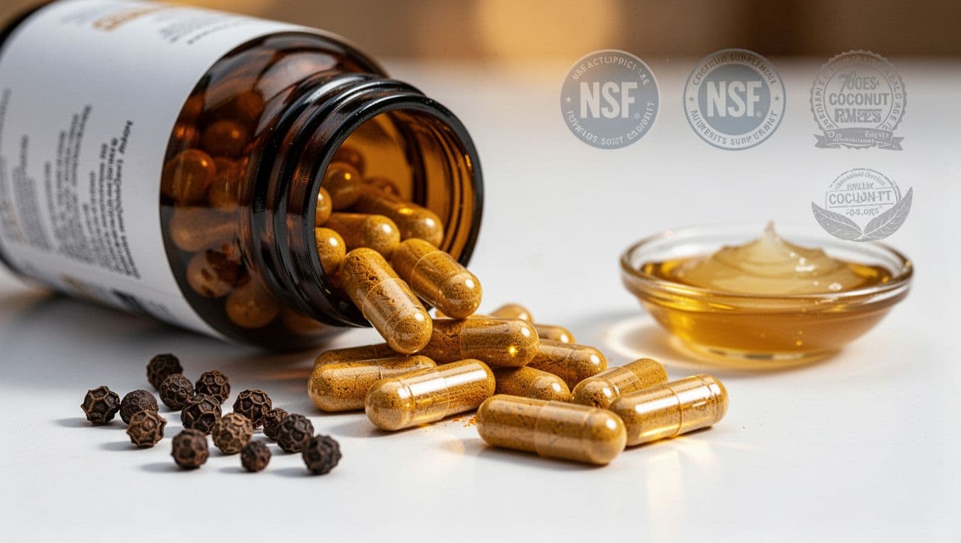 Photorealistic image of high-quality turmeric supplement capsules pouring from a sleek bottle onto a clean white surface, next to black peppercorns and coconut oil, with certification seals in the blurred background.