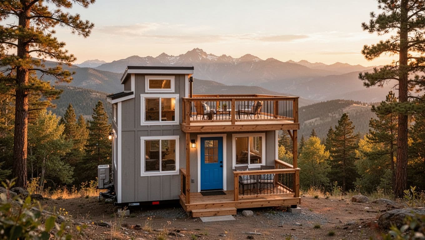 Exterior of a two-story tiny house featuring an upper deck with panoramic mountain views, blue front door, wooden railing, surrounded by trees on a hillside at golden hour sunlight in realistic photography style.