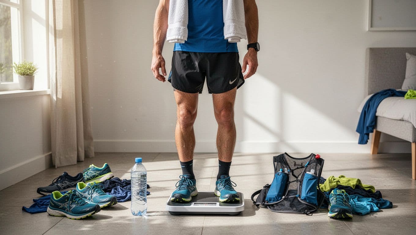 Ultra marathon runner in gear stands on digital bathroom scale, towel over shoulders, hydration vest and water bottle on floor amid scattered shoes and clothes.