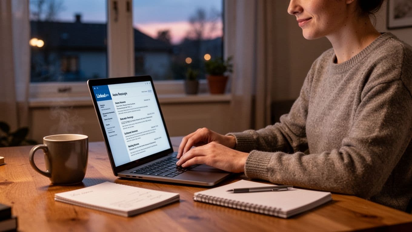 A person in a relaxed posture updates their resume on a laptop in a cozy home office, surrounded by a coffee mug and notepad, bathed in soft evening light from the window.