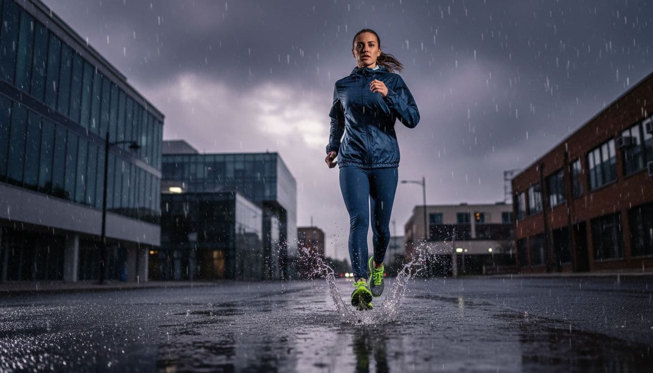 A solo road runner splashes through shallow puddles on wet urban pavement during a sudden heavy rain storm, wearing modern waterproof running shoes with dynamic forward motion. Realistic photo style under dramatic overcast sky lighting, exactly one person present, no other people or vehicles.