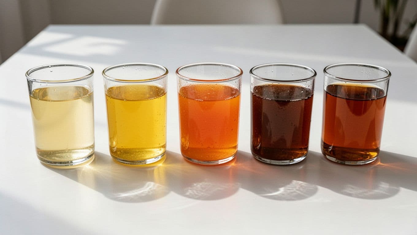 Row of six clear glass containers on a white table displaying urine color samples from pale yellow (hydrated) to deep dark amber (dehydrated), serving as a visual medical reference for hydration levels.