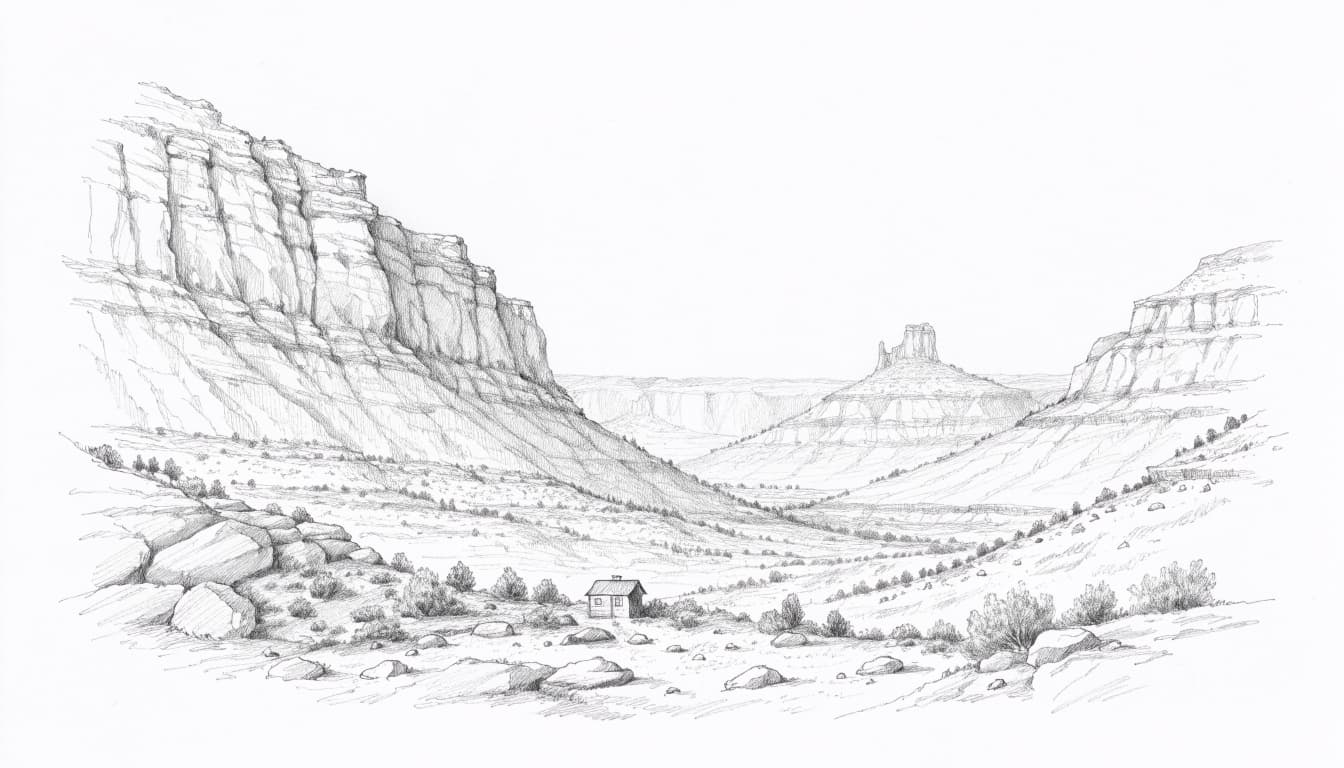 A graphite sketch of a tiny cabin nestled in a vast Utah desert landscape with sandstone cliffs.