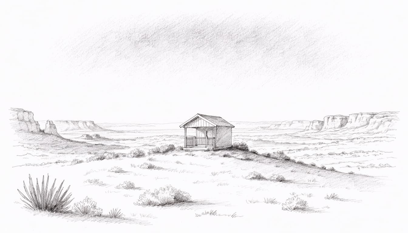 A pencil sketch of a tiny cabin in a desert landscape with distant rock formations.