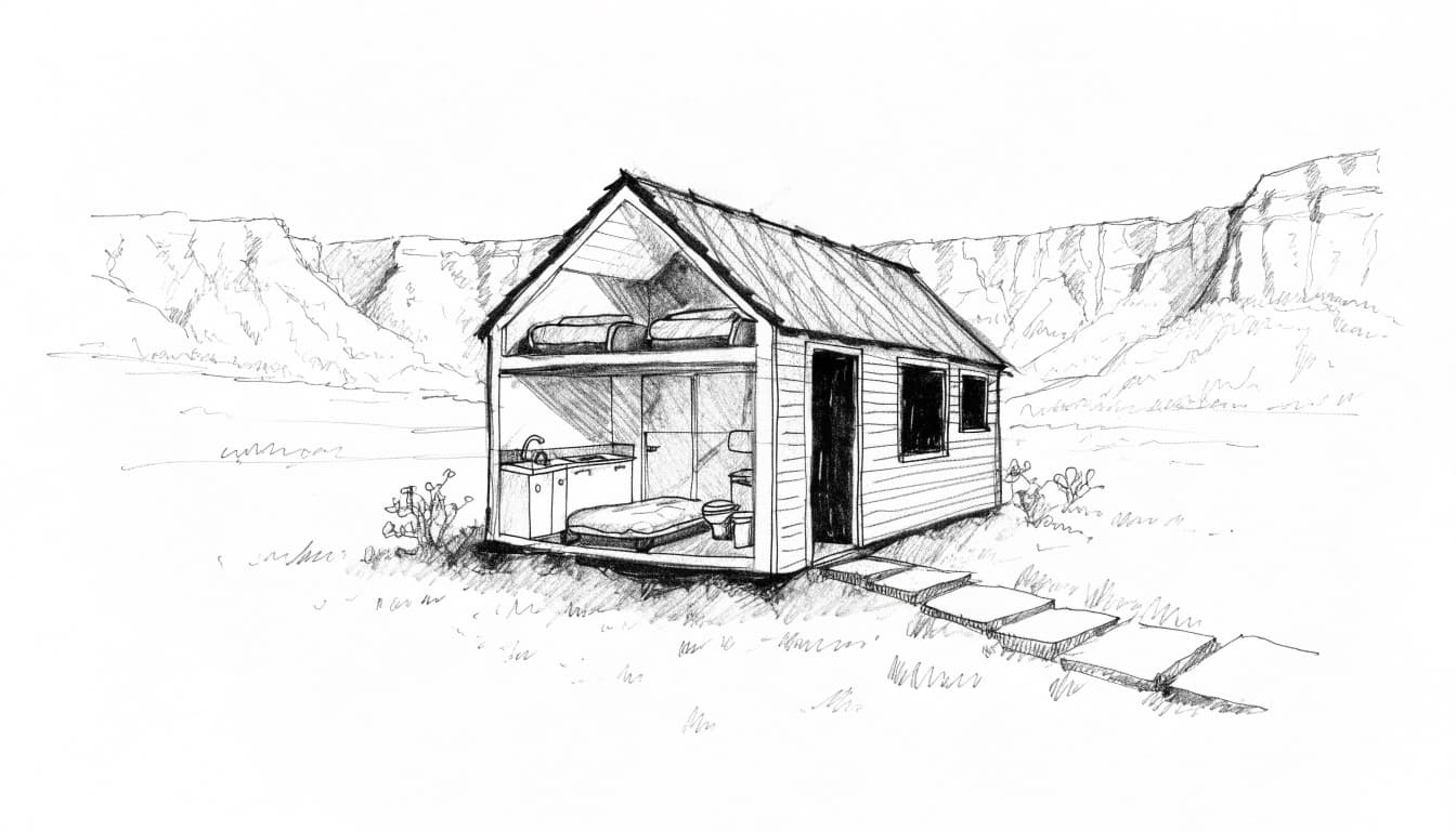A graphite sketch of a tiny home with a cutaway view showing its interior layout.