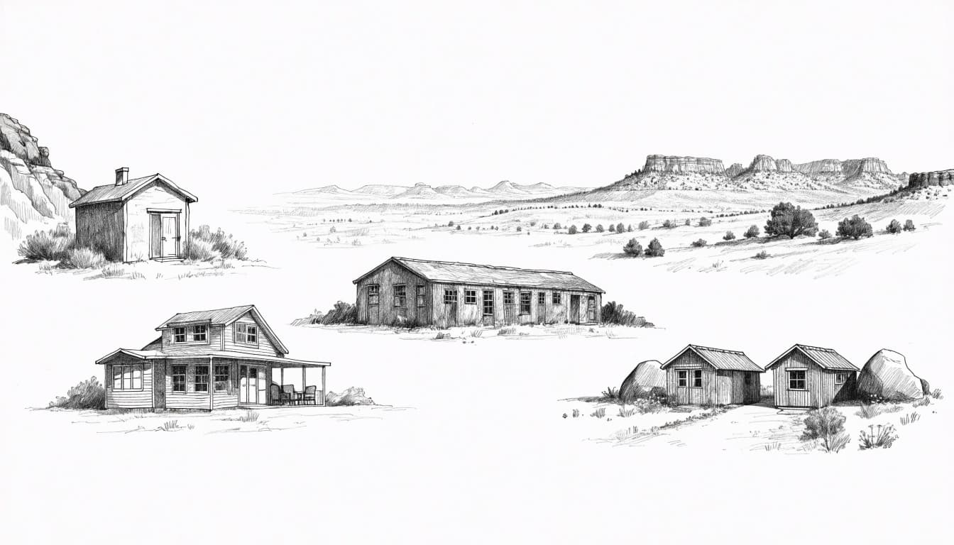 A graphite sketch of compact dwellings in a desert landscape with red-rock mesas.
