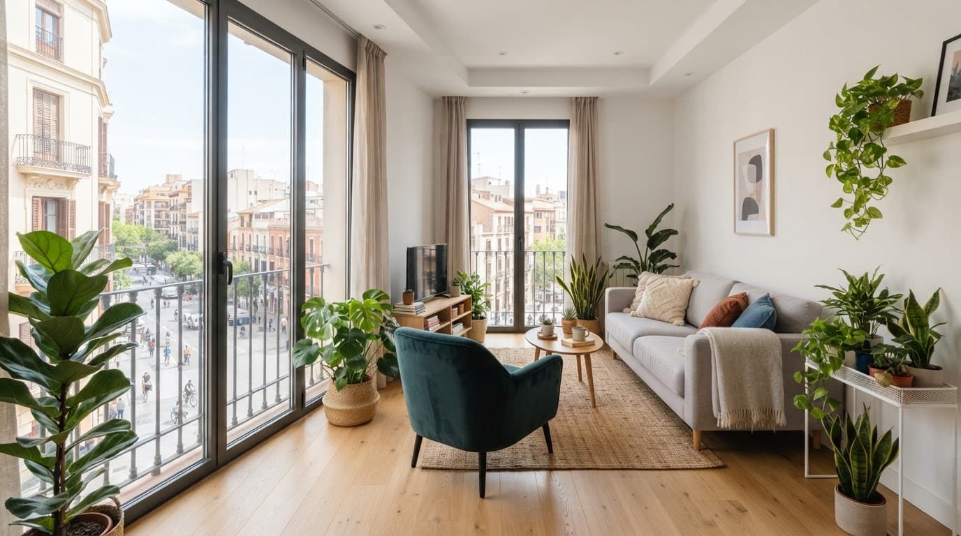 Bright apartment living room with plants, cozy seating, and large windows facing the city.