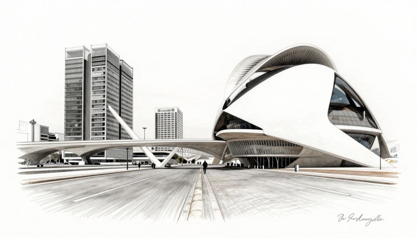 Graphite sketch of Valencia's City of Arts and Sciences beside wide streets and one distant person.