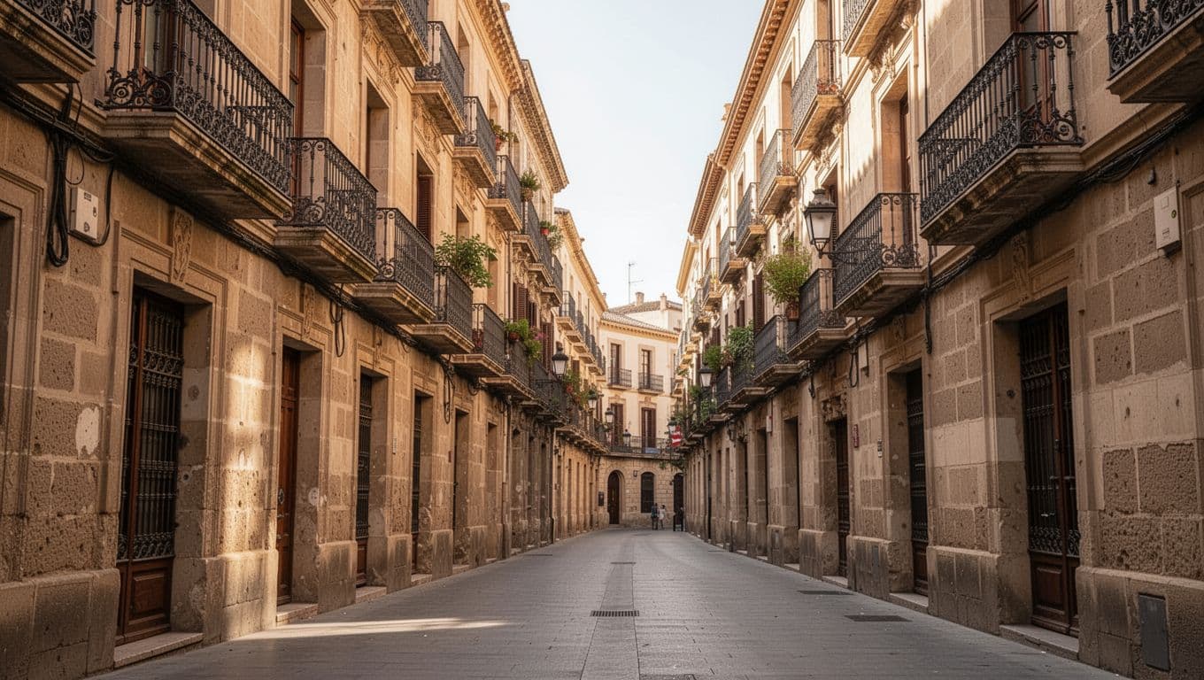 A sunny narrow street in Valencia with historic buildings and balconies.