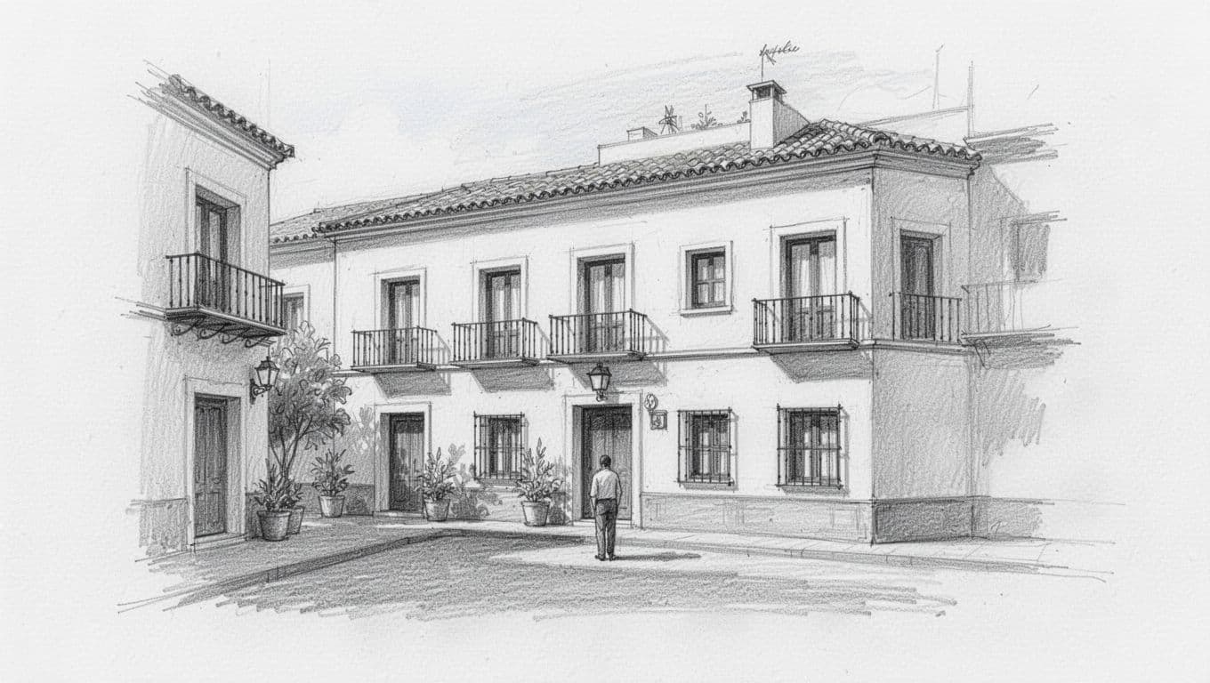 Graphite sketch of a Valencia hotel exterior with one distant person on white paper.