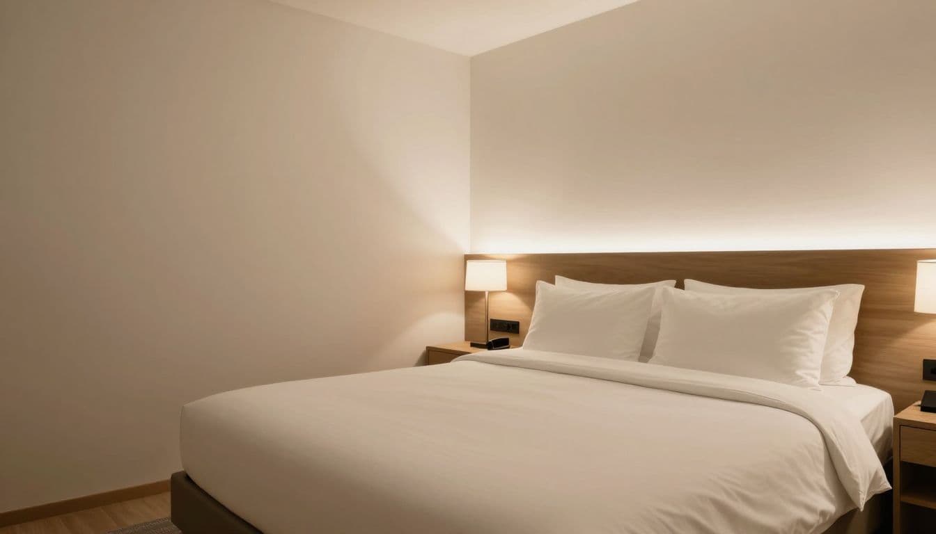 A cozy luxury hotel room with a plush bed and warm bedside lighting.