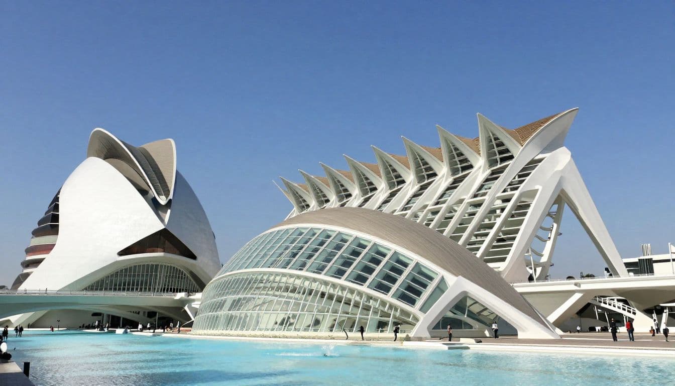 Modern hotels near Valencia's City of Arts and Sciences in daylight.