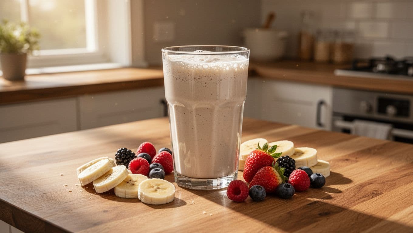 A tall glass of vanilla protein shake topped with foam on a cozy kitchen table, surrounded by banana slices and berries, bathed in soft morning light. Photorealistic image in warm tones representing a healthy snack for fullness and fat burning.