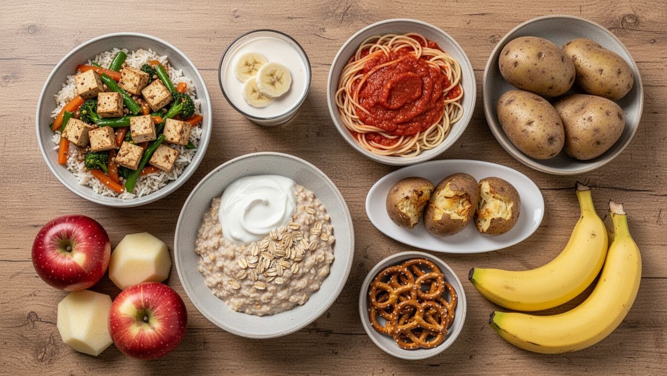 Overhead realistic photography of vegetarian vegan marathon pre-race foods on a wooden table, featuring tofu stir-fry rice bowl, soy yogurt with banana, plant milk oatmeal, pasta with tomato sauce, baked potatoes, peeled apples, bananas, and pretzels in bright light.