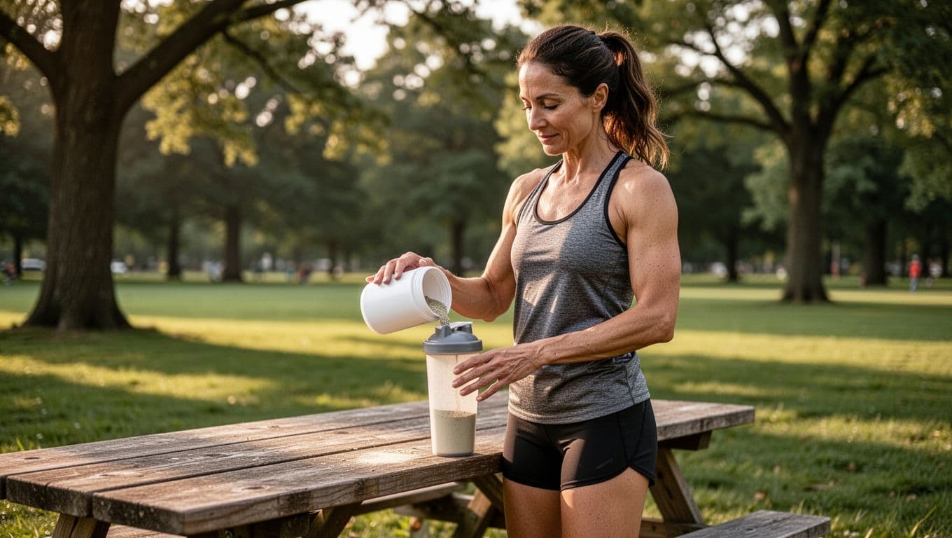 A female vegan runner in her 30s prepares a smooth plant-based protein shake in a shaker bottle after a long run, with Orgain organic plant protein tub on a picnic table nearby in a green park under soft afternoon light.