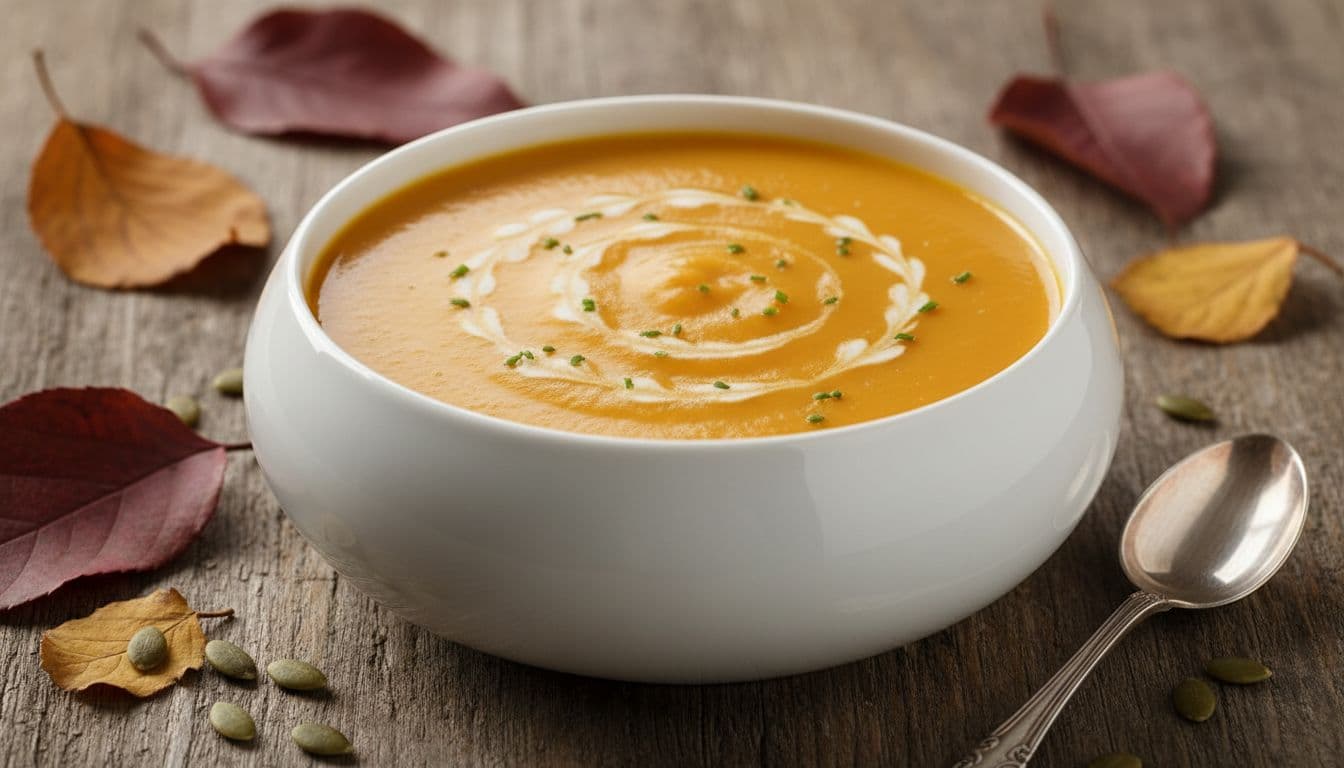 Velvety butternut squash soup fills an elegant white bowl with a smooth orange surface and subtle cream swirl, surrounded by scattered autumn leaves under soft diffused lighting.