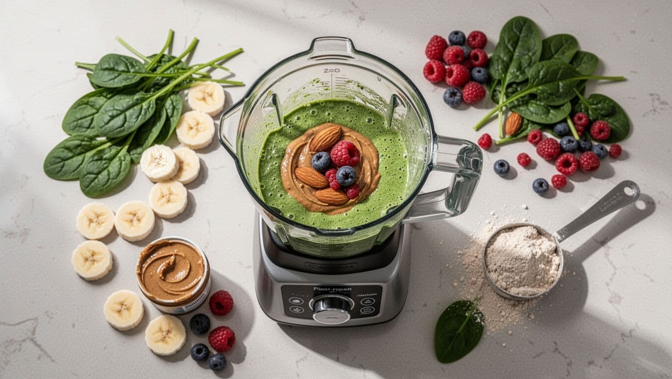 Top-down view of a blender jar filled with vibrant green smoothie from plant-based protein powder, banana, spinach, almond butter, and berries, with fresh ingredients scattered on the kitchen counter under bright natural light.