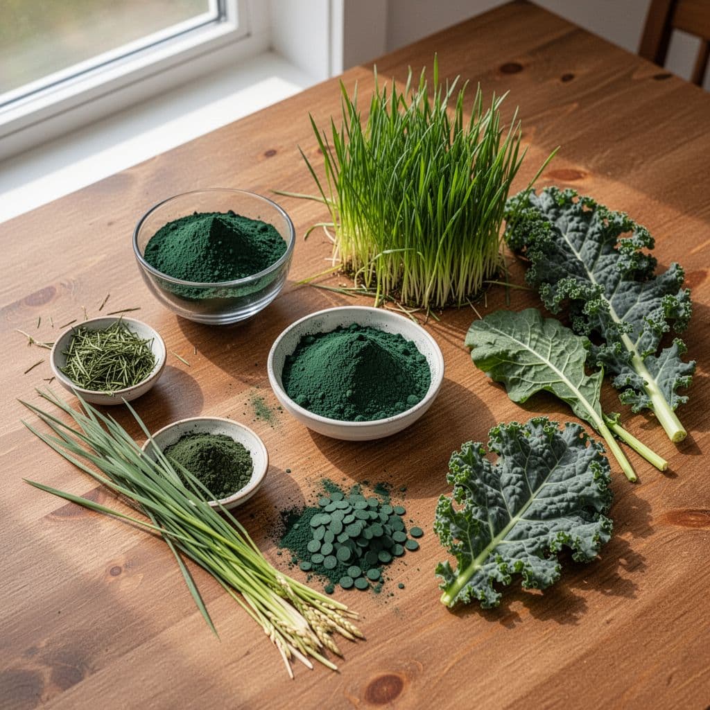 Vibrant spirulina, chlorella, wheatgrass, and kale arranged on a natural wooden surface.