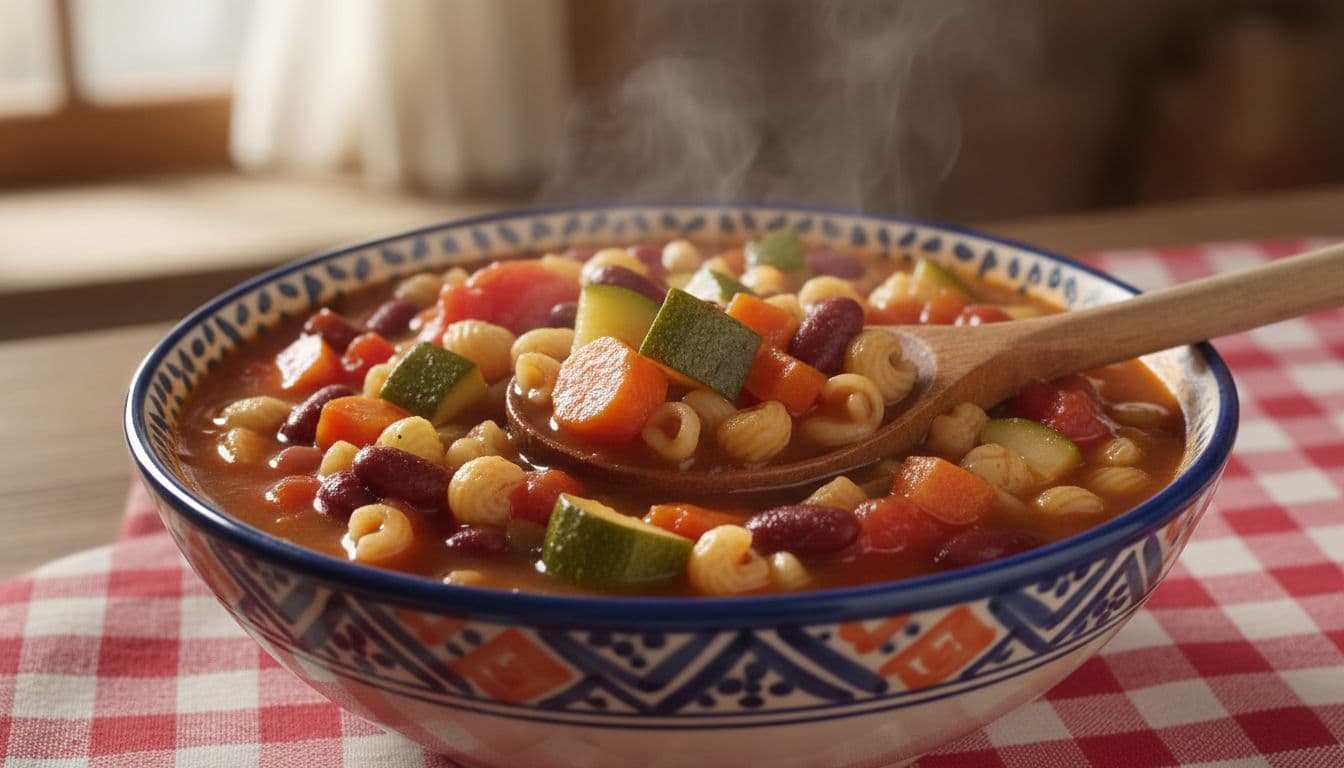 Colorful bowl of minestrone soup packed with diced carrots, zucchini, tomatoes, kidney beans, and small pasta shells in rich tomato-infused broth, with steam rising gently and a wooden spoon on a checkered tablecloth under natural daylight.