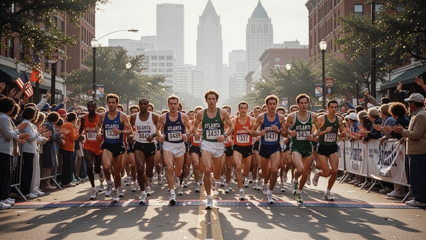 Vintage photo of runners gathered excitedly at the start line of the Atlanta Half Marathon in the early 2000s, with Atlanta skyline in the background, urban street morning light.