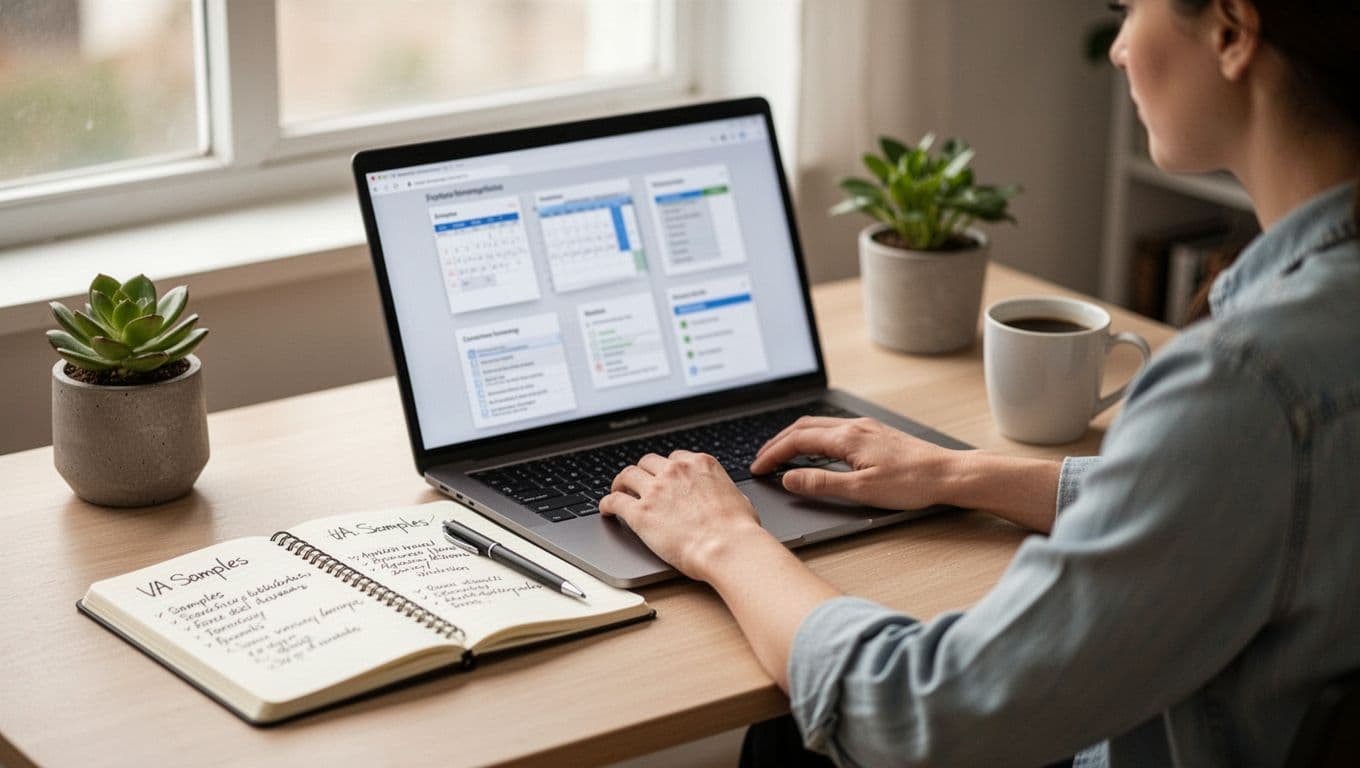 One person seated at a tidy home office desk with laptop displaying blurred previews of portfolio documents like calendars, spreadsheets, and checklists, plus an open notebook with handwritten VA sample notes, coffee mug, and plant under soft natural window light.