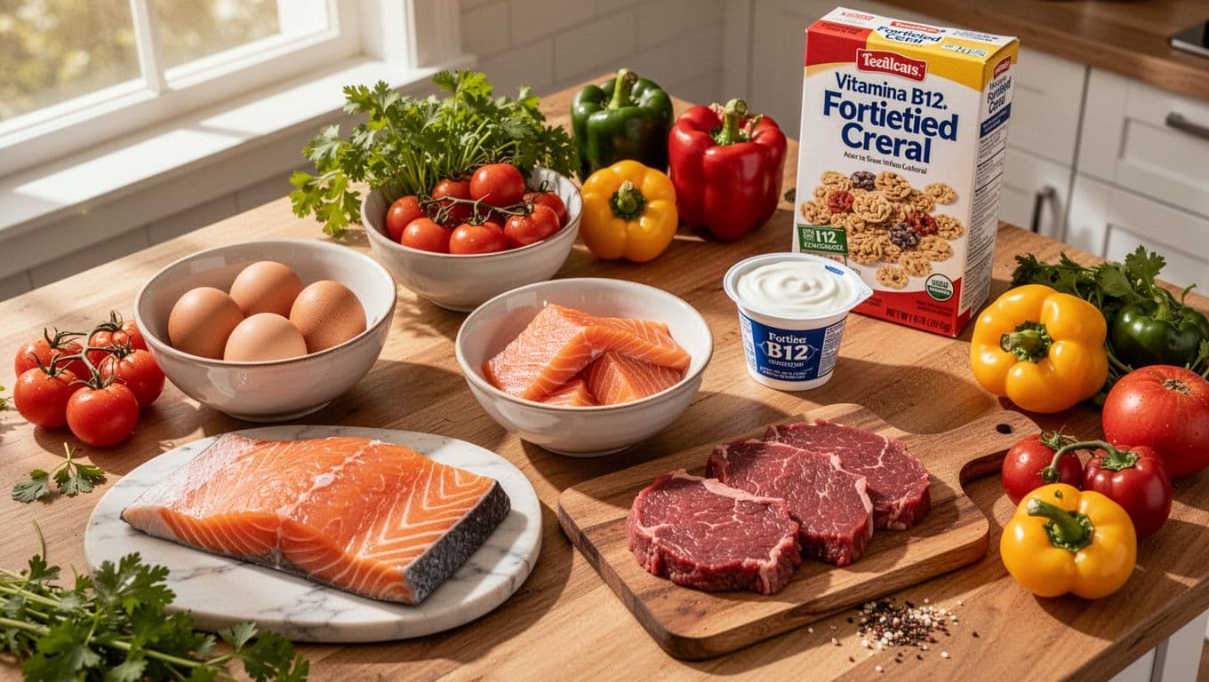 A photorealistic top-down angled view of a vibrant kitchen table laden with vitamin B12-rich foods including salmon fillet, eggs, beef slices, yogurt, fortified cereal, and colorful vegetables, bathed in sunlight for an appetizing mood.