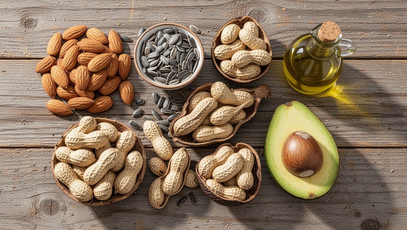 Top-down flat lay assortment of vitamin E rich foods including whole almonds, sunflower seeds, peanuts in shells, halved avocado, and olive oil on a rustic wooden table under natural daylight.