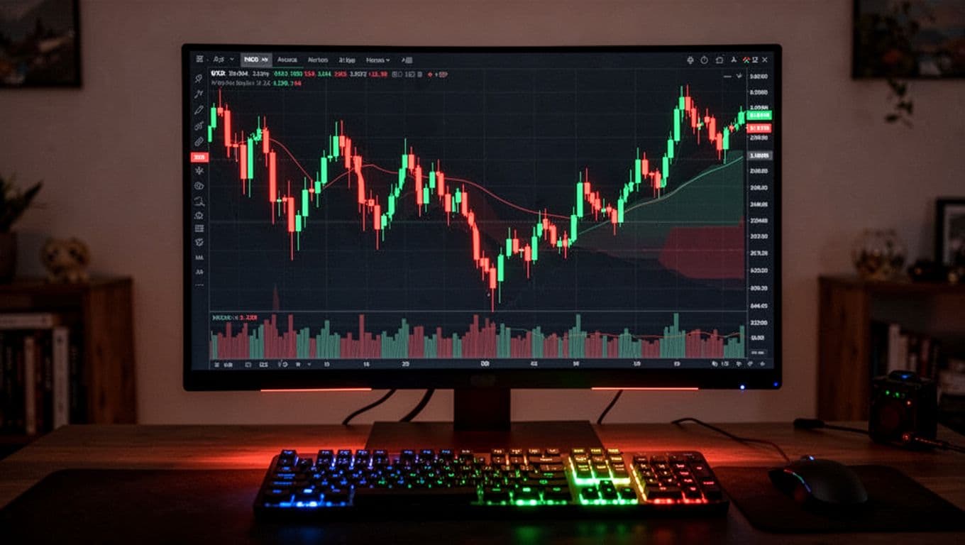 Volatile cryptocurrency price chart featuring sharp red downward and green upward candlesticks on a dark monitor screen in a home trading setup, with dramatic graph spikes and realistic screen glow illuminating the keyboard.