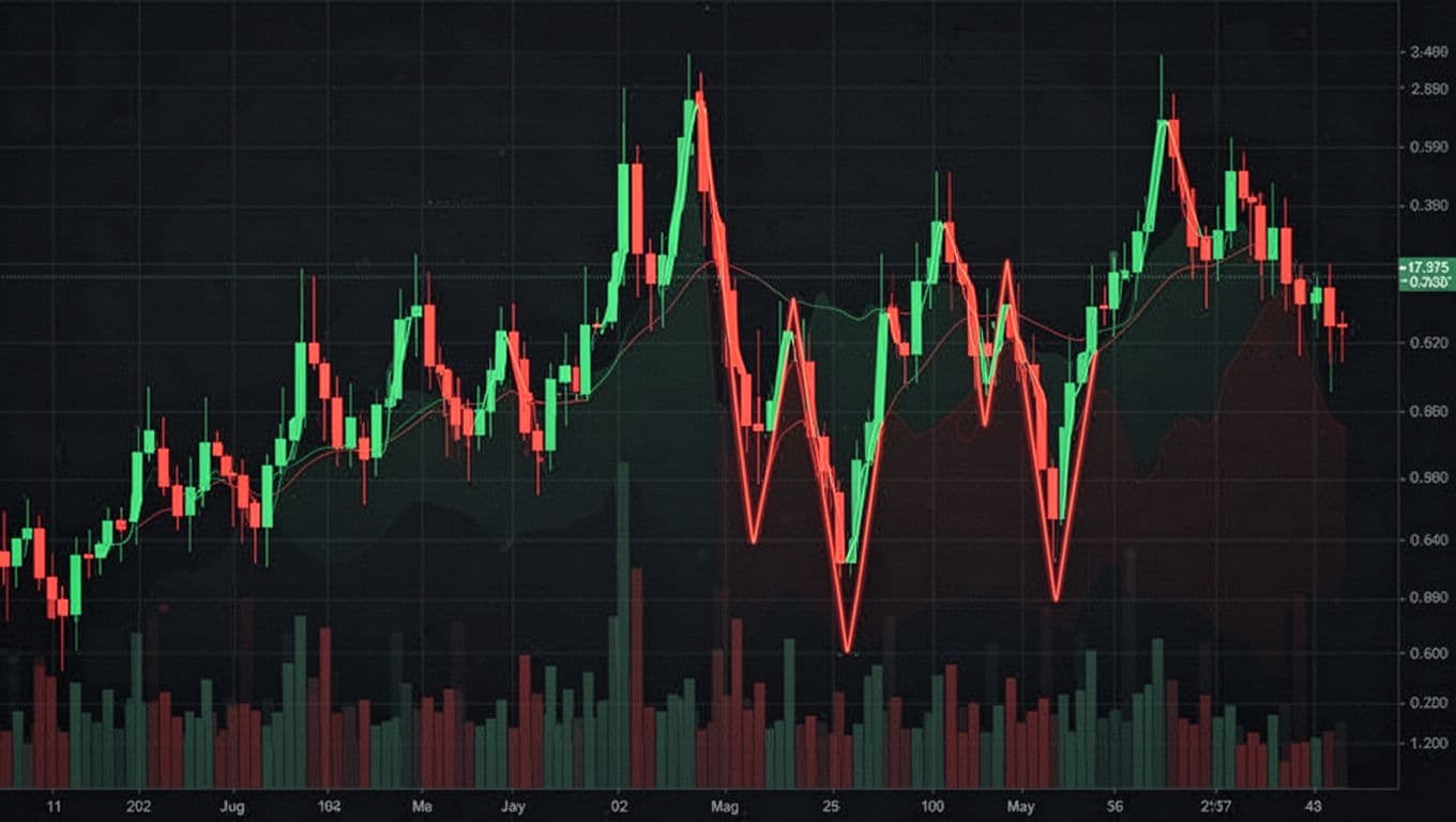 A detailed candlestick price chart for a cryptocurrency displaying high volatility with sharp upward spikes and steep downward drops, featuring green candles for gains and red for losses on a dark technical background with grid lines and volume bars.