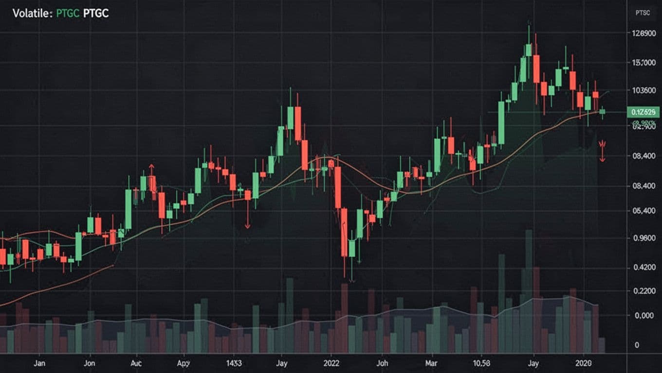 Volatile PTGC cryptocurrency price chart with sharp upward and downward candlestick swings over months, showing mixed daily moves and recovery from lows on a dark technical background.