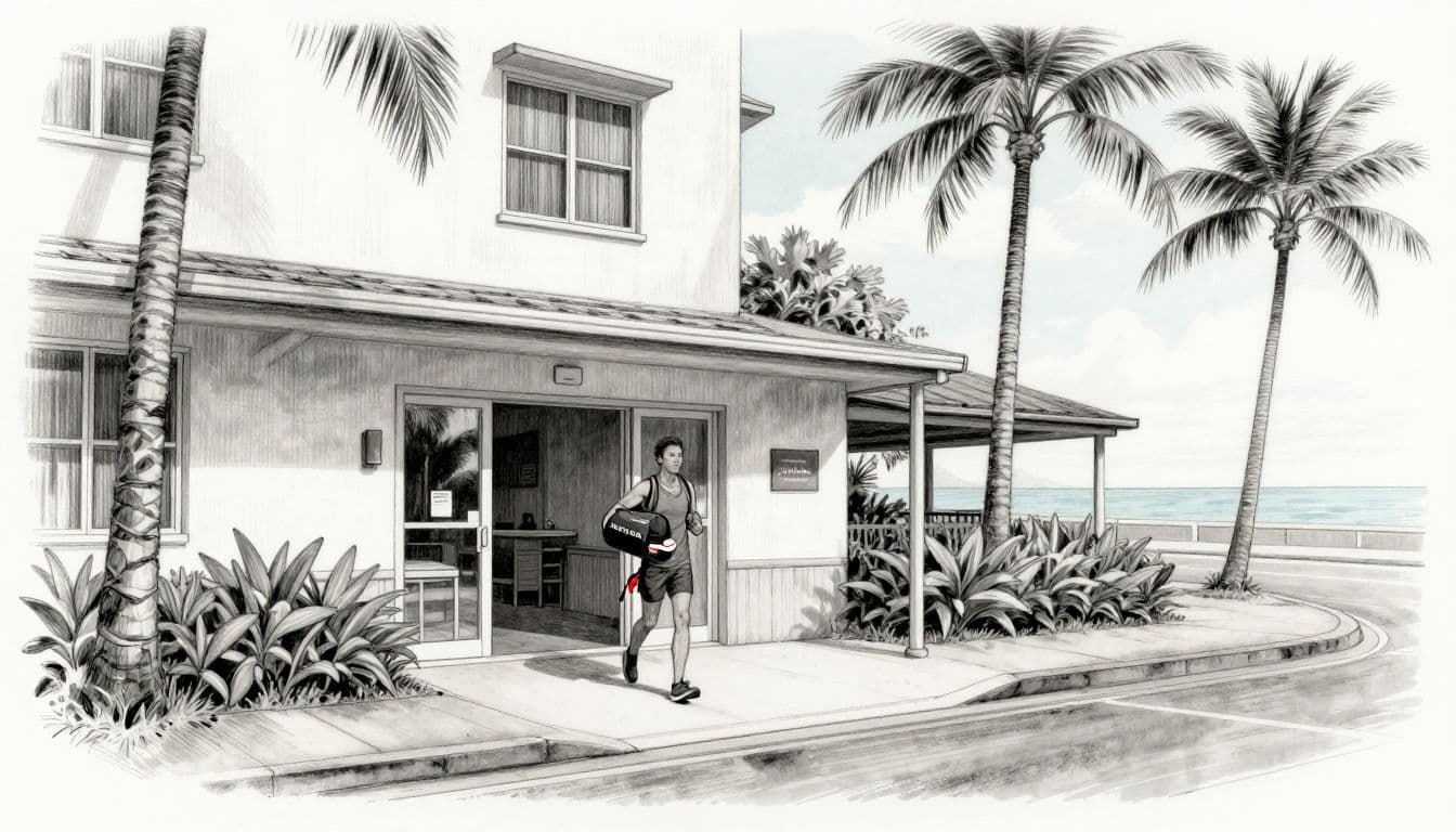 A marathon runner arrives at a small Waikiki hotel with a bag and running shoes.