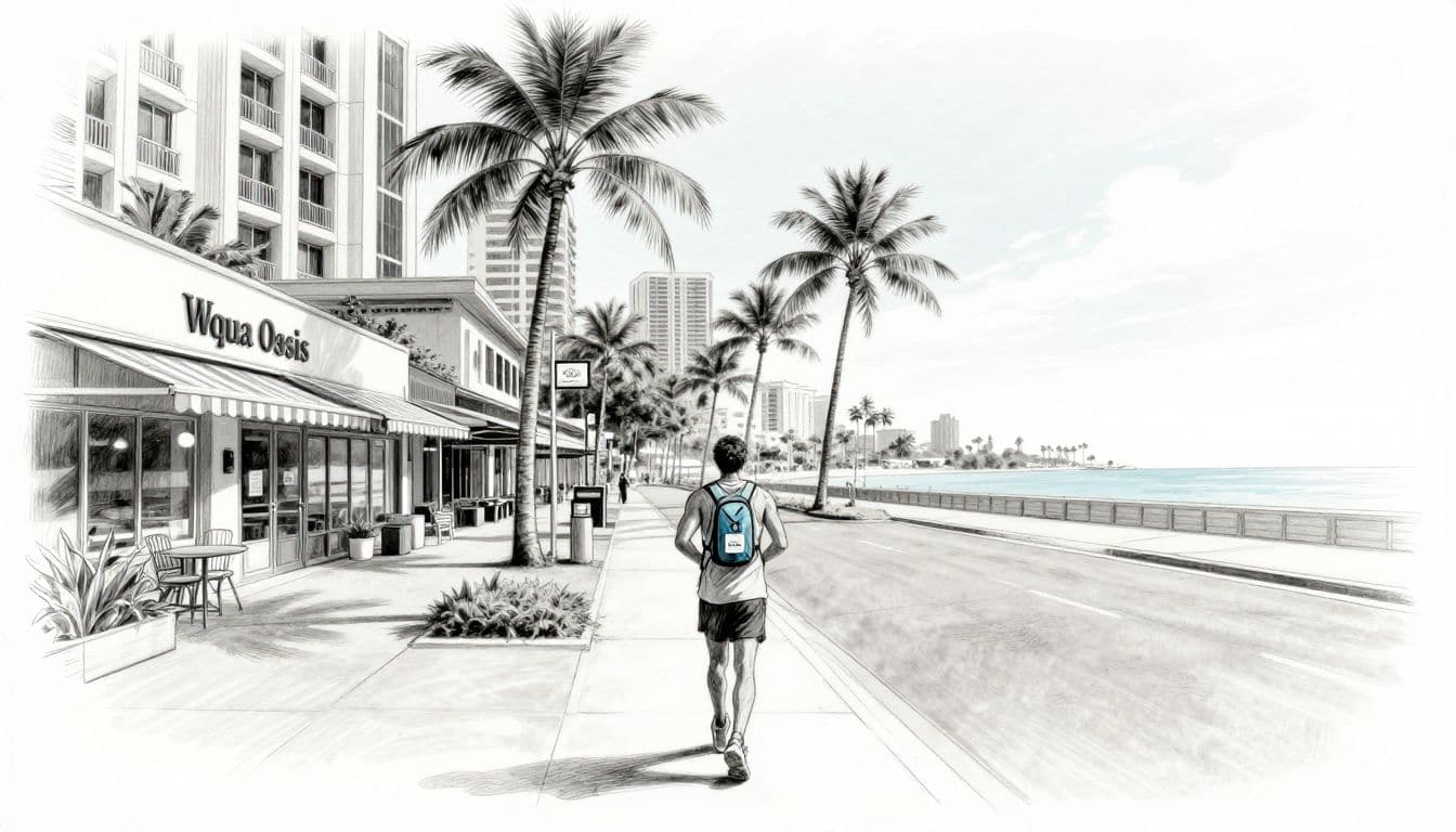 A runner with a race bag stands outside a Waikiki hotel near palm-lined streets.