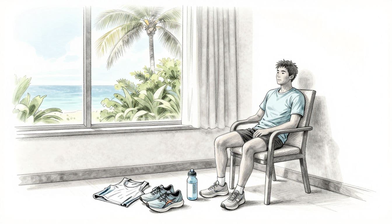 A marathon runner rests beside a hotel chair with shoes, water, and a folded singlet.