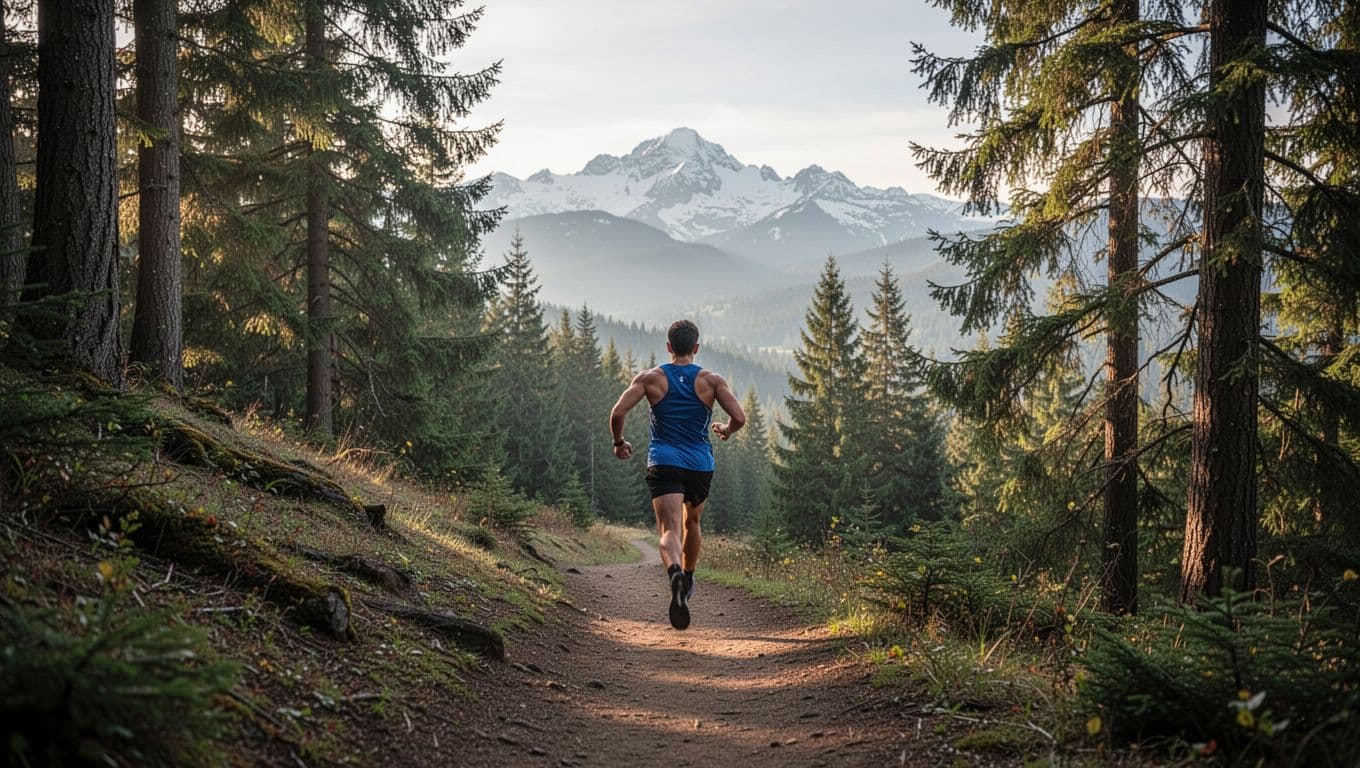 Solo runner climbing a forested hill trail in Washington state during early morning light, evergreen trees lining the path, distant snowy peaks visible, dynamic uphill stride.