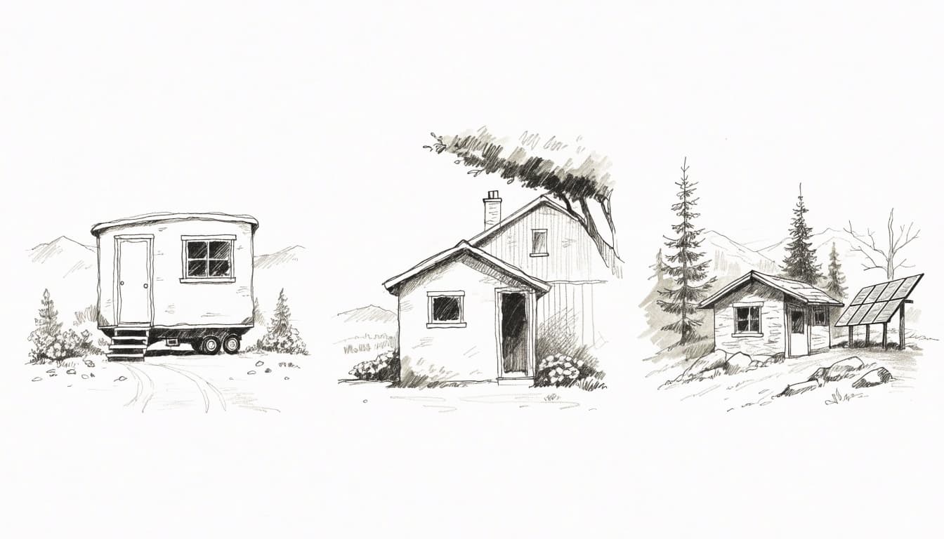 A pencil sketch shows three distinct tiny homes: a small trailer, a backyard cottage, and a cabin with a solar panel.