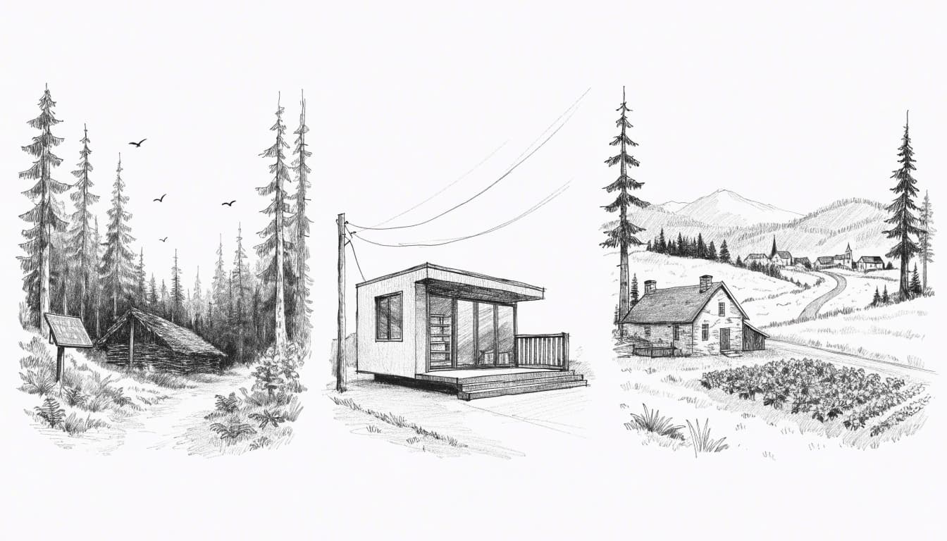 A pencil sketch triptych showing three different tiny home settings in nature.