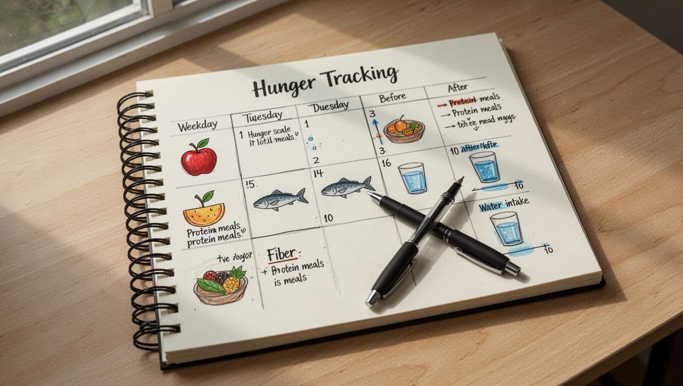 Photorealistic overhead view of an open spiral notebook on a light wooden desk showing a 7-day hunger tracking plan with hunger scale charts, meal notes, and icons for protein, fiber, and water intake.